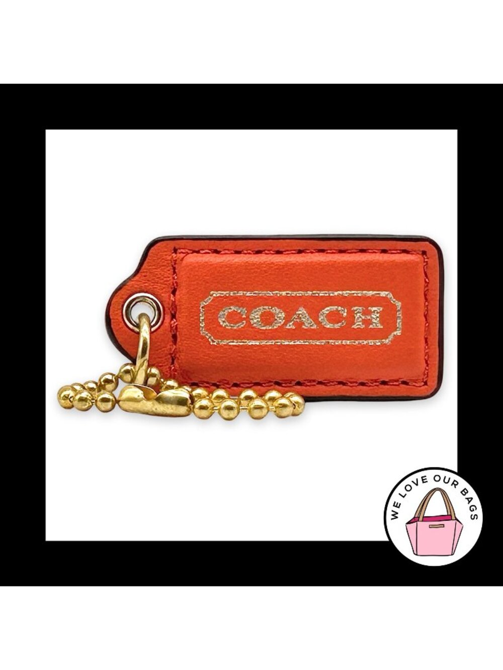 Rare COACH HANG TAG 2" Orange Gold Leather Bag Charm Keychain Fob Brass Medium